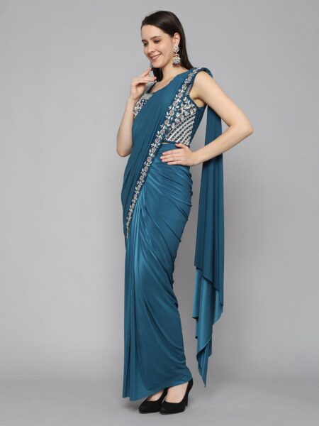 Blue Solid Ruffle Saree