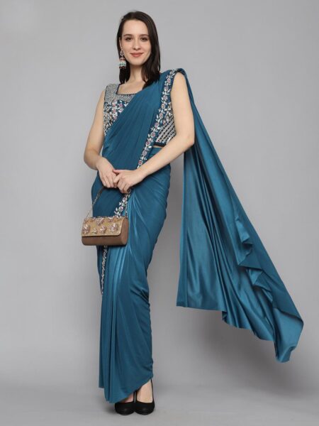 Blue Solid Ruffle Saree - Image 5