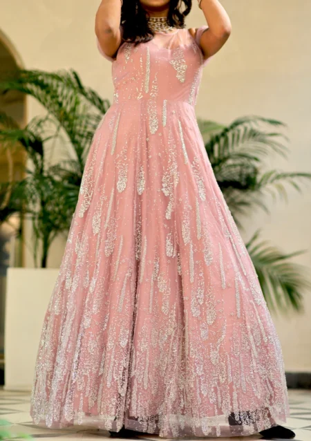 Elegant Powder Pink Western Gown with Sequin Embroidery - Image 2