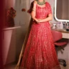 Red Embroidered Lehenga Set with Floral & Sequin Detailing