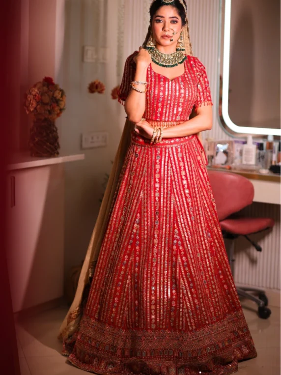 Red Embroidered Lehenga Set with Floral & Sequin Detailing