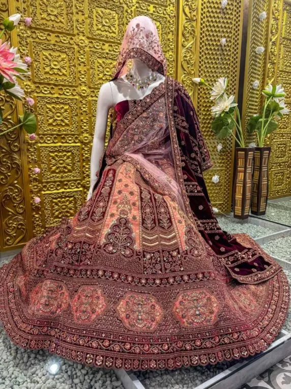 Maroon Velvet Bridal Lehenga