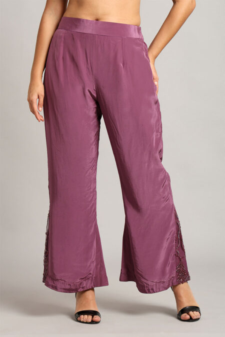 Purple Net Peplum Top with Crepe Trouser Set– Handcrafted Katdana Work 2-Piece Set - Image 2