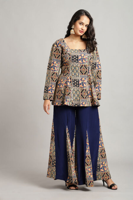 Blue Peplum Top with Kali Flared Pant – Elegant Embroidered Set - Image 2