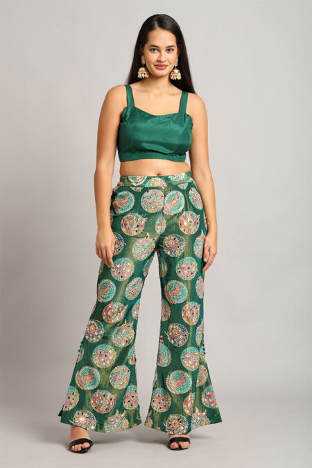 Green Short Jacket with Top and Trouser – 3-Piece Mirror Work Embroidered Set - Image 2