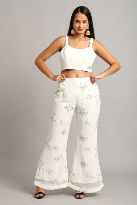 White Peplum Top with Trouser– Elegant 3-Piece Set with Sequin & Floral Motifs - Image 2