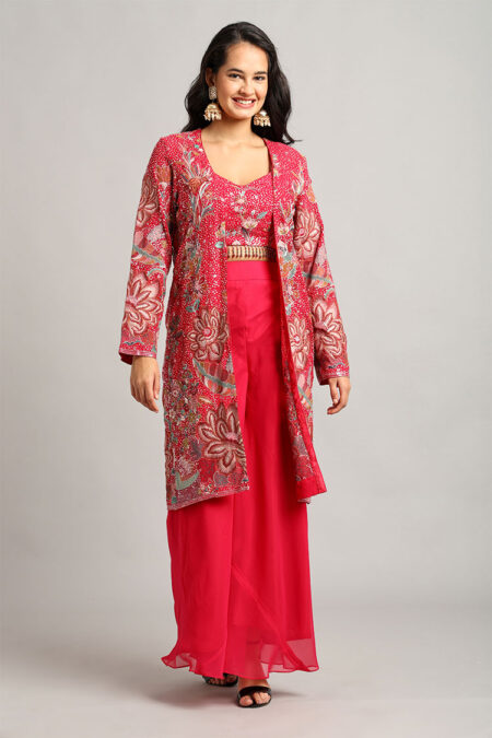 Dark Pink Crop Top with Palazzo and Shrug Set