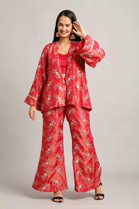 Red Shirt Collar Blazer Jacket with Top & Trouser Set