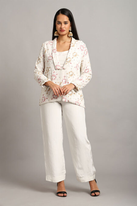 White Embroidered Jacket with Top & Trouser