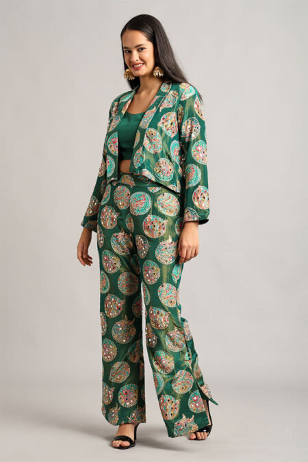 Green Short Jacket with Top and Trouser – 3-Piece Mirror Work Embroidered Set - Image 3