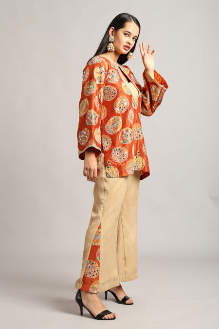 Rust Color Peplum Top with Trouser– 3-Piece Crepe Set with Mirror Work - Image 3