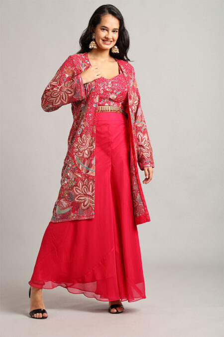 Dark Pink Crop Top with Palazzo and Shrug Set - Image 3