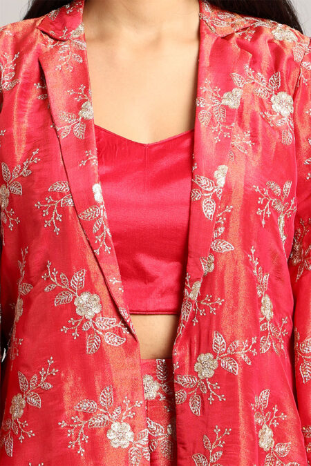Red Shirt Collar Blazer Jacket with Top & Trouser Set - Image 3