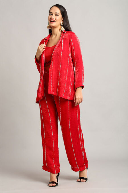 Red Jacket with Top & Trouser – 3-Piece Handcrafted Katdana Work Set - Image 2