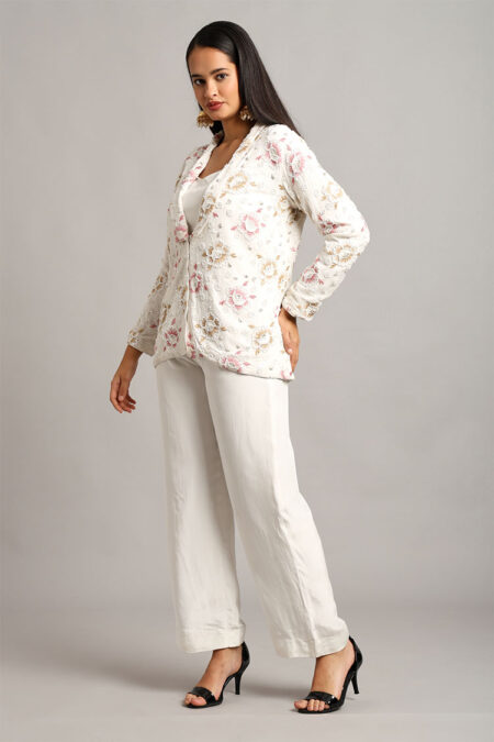 White Embroidered Jacket with Top & Trouser – 3-Piece Georgette & Crepe Set - Image 3