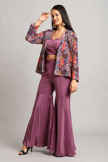 Purple Jacket with Top and Trouser – 3-Piece Multicolor Embroidered Crepe Set - Image 3