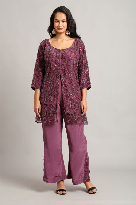 Purple Net Peplum Top with Crepe Trouser Set