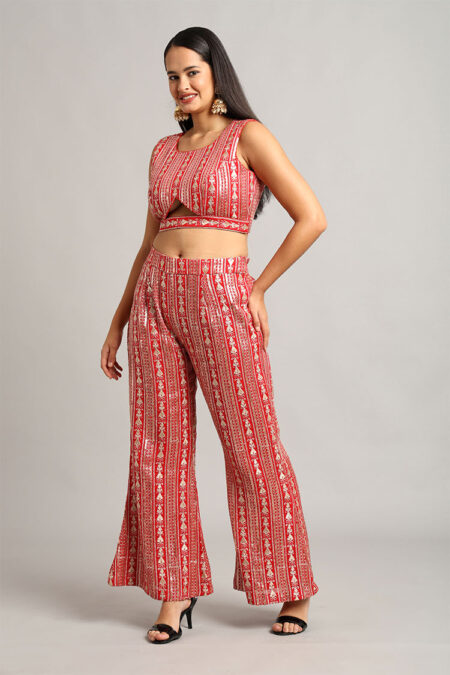 Red Embroidered Crop Top with Trouser– Elegant 2-Piece Set - Image 3