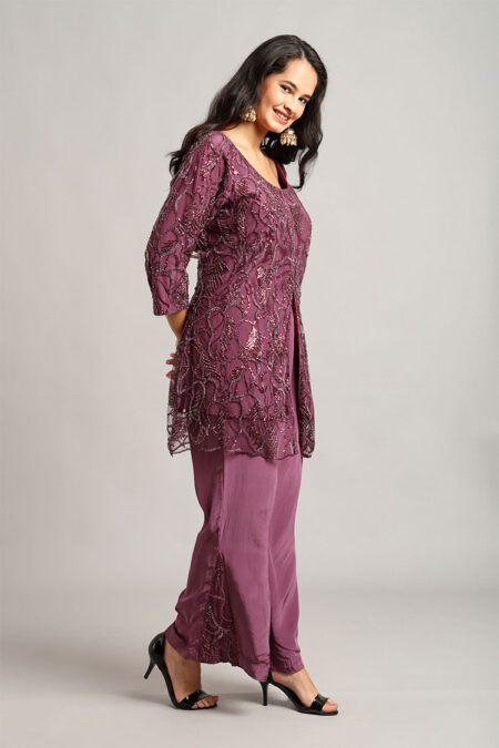 Purple Net Peplum Top with Crepe Trouser Set– Handcrafted Katdana Work 2-Piece Set - Image 4