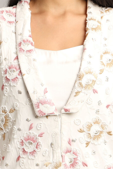 White Embroidered Jacket with Top & Trouser – 3-Piece Georgette & Crepe Set - Image 4