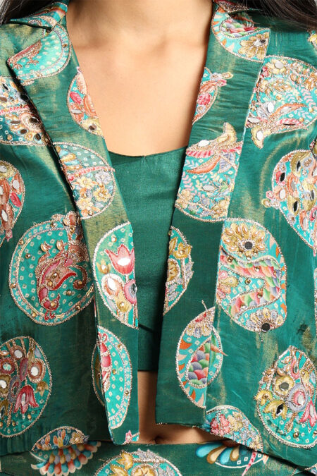 Green Short Jacket with Top and Trouser – 3-Piece Mirror Work Embroidered Set - Image 4