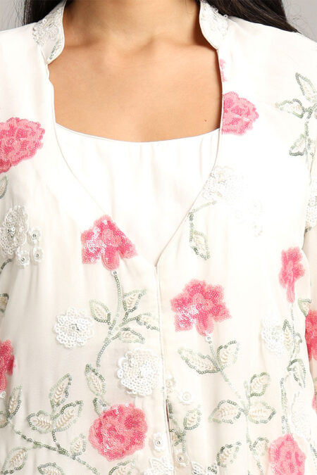 White Peplum Top with Trouser– Elegant 3-Piece Set with Sequin & Floral Motifs - Image 4