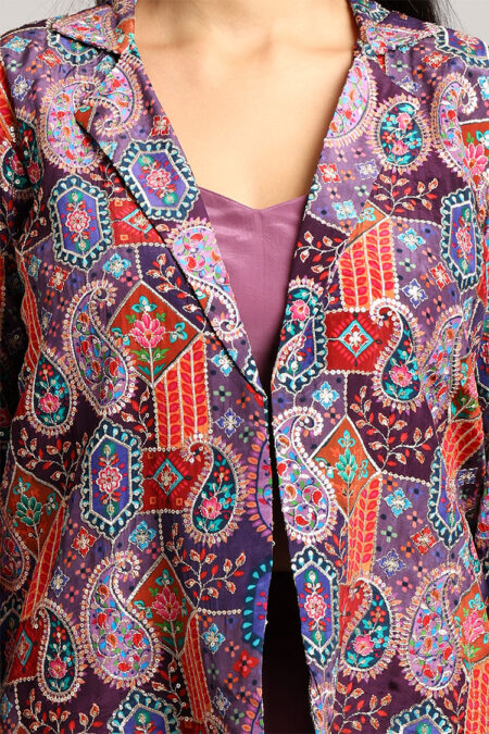 Purple Jacket with Top and Trouser – 3-Piece Multicolor Embroidered Crepe Set - Image 4