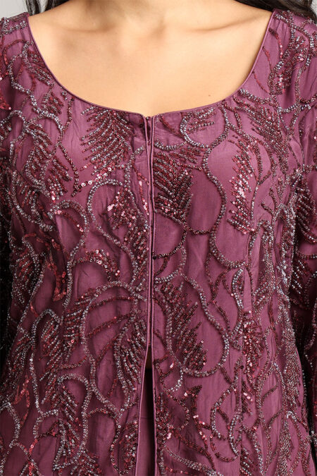 Purple Net Peplum Top with Crepe Trouser Set– Handcrafted Katdana Work 2-Piece Set - Image 5