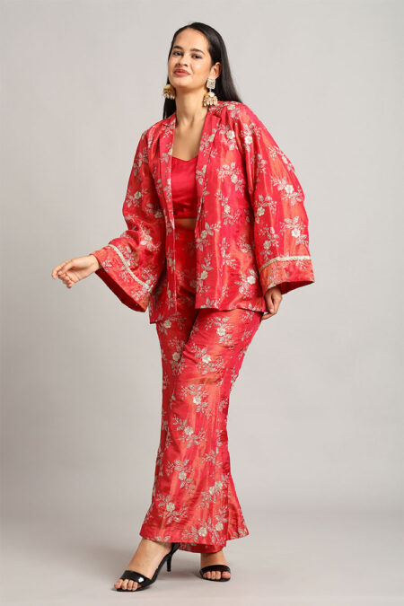 Red Shirt Collar Blazer Jacket with Top & Trouser Set - Image 5