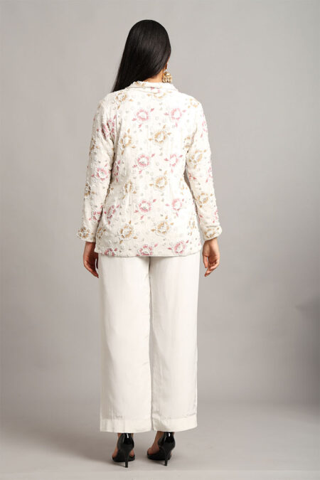 White Embroidered Jacket with Top & Trouser – 3-Piece Georgette & Crepe Set - Image 5