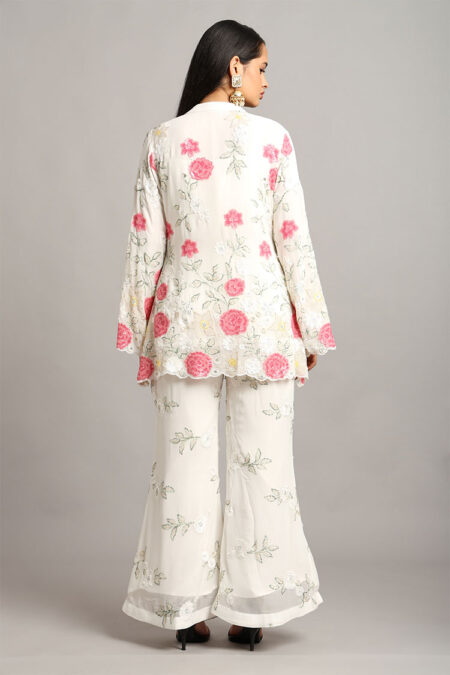 White Peplum Top with Trouser– Elegant 3-Piece Set with Sequin & Floral Motifs - Image 5