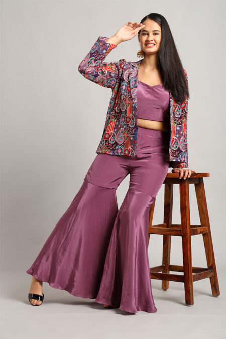 Purple Jacket with Top and Trouser – 3-Piece Multicolor Embroidered Crepe Set - Image 6