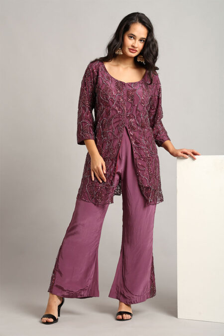 Purple Net Peplum Top with Crepe Trouser Set– Handcrafted Katdana Work 2-Piece Set - Image 6