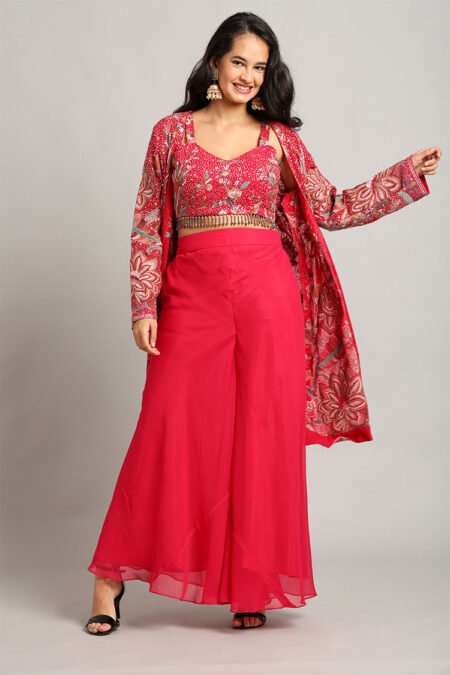 Dark Pink Crop Top with Palazzo and Shrug Set - Image 6