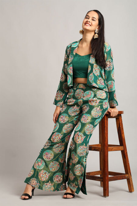 Green Short Jacket with Top and Trouser – 3-Piece Mirror Work Embroidered Set - Image 6