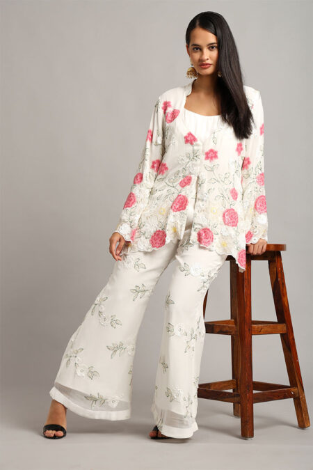 White Peplum Top with Trouser– Elegant 3-Piece Set with Sequin & Floral Motifs - Image 6