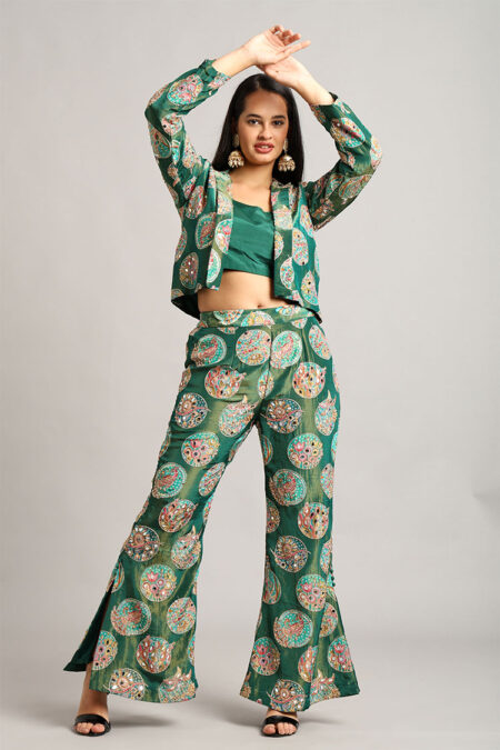 Green Short Jacket with Top and Trouser