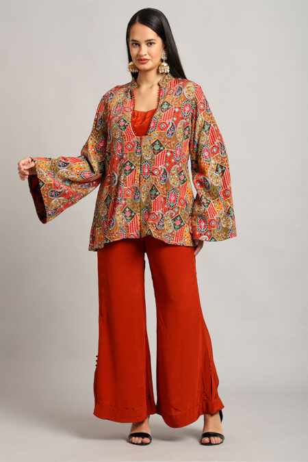 Multicolor Peplum Top with Rust Trouser