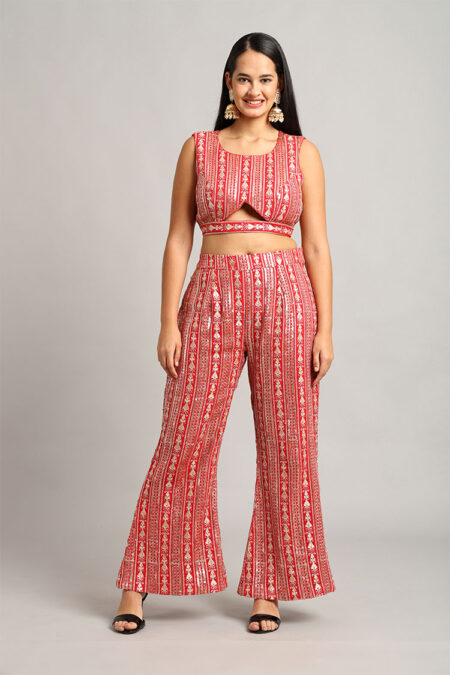 Red Embroidered Crop Top with Trouser