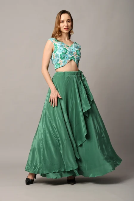 Designer Green Skirt and Top Set with Katdana Embellished Blouse - Image 4