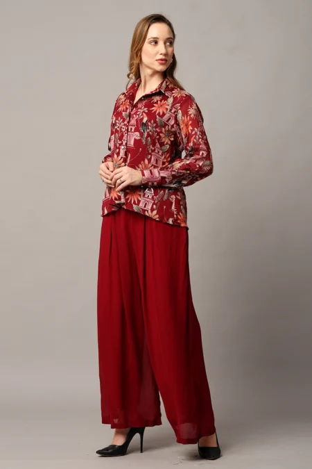 Elegant Maroon Cord Set for Women in Chinon and Georgette with Floral Zari Detailing - Image 5