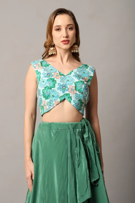 Designer Green Skirt and Top Set with Katdana Embellished Blouse - Image 2
