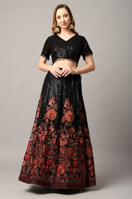 Designer Black Lehenga for Women in Georgette with Floral Motifs & Sequin Work - Image 2