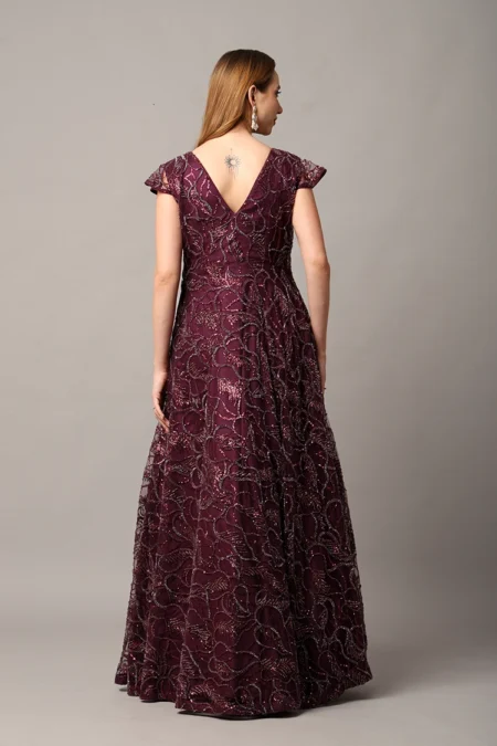 Designer Wine Party Wear Gown for Women with Intricate Katdana Embellishments - Image 3