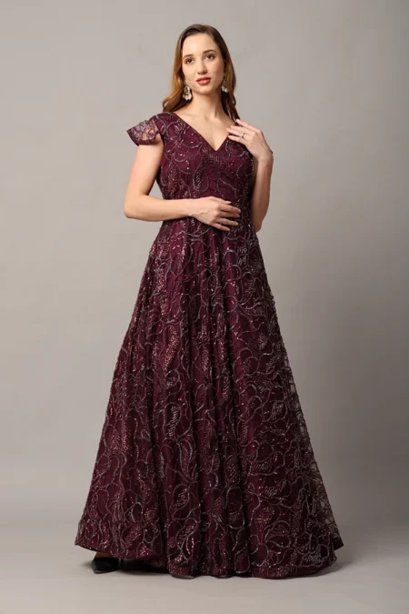 Designer Wine Party Wear Gown for Women with Intricate Katdana Embellishments - Image 5