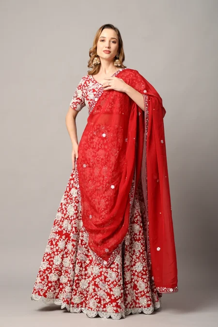 Designer Red Lehenga for Women in Textured Fabric with Floral Motifs - Image 4