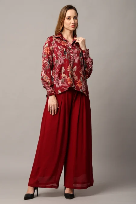 Elegant Maroon Cord Set for Women in Chinon and Georgette with Floral Zari Detailing - Image 6