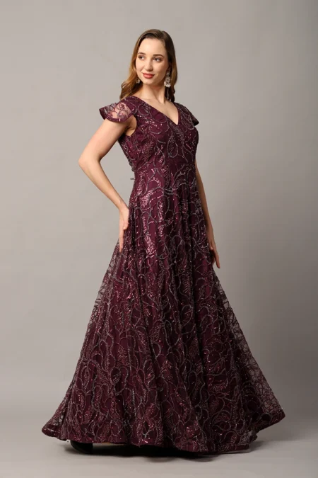 Designer Wine Party Wear Gown for Women with Intricate Katdana Embellishments - Image 6