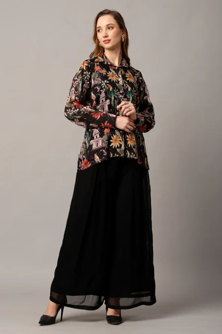 Elegant Black Cord Set for Women in Chinon and Georgette with Floral Zari Detailing - Image 6