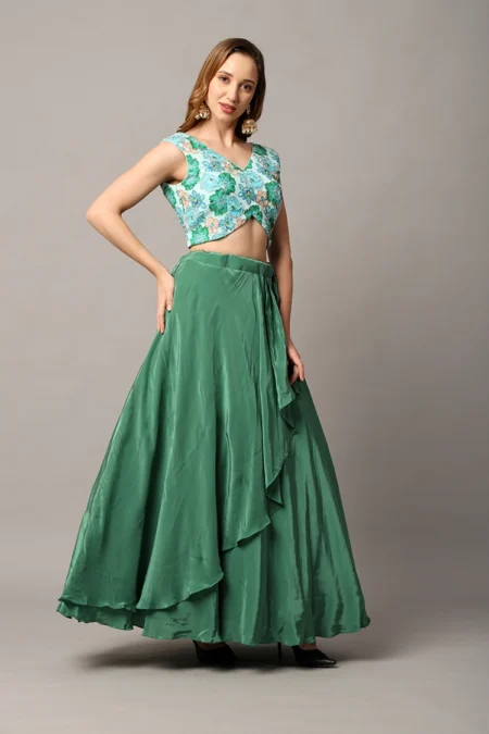 Designer Green Skirt and Top Set with Katdana Embellished Blouse - Image 5